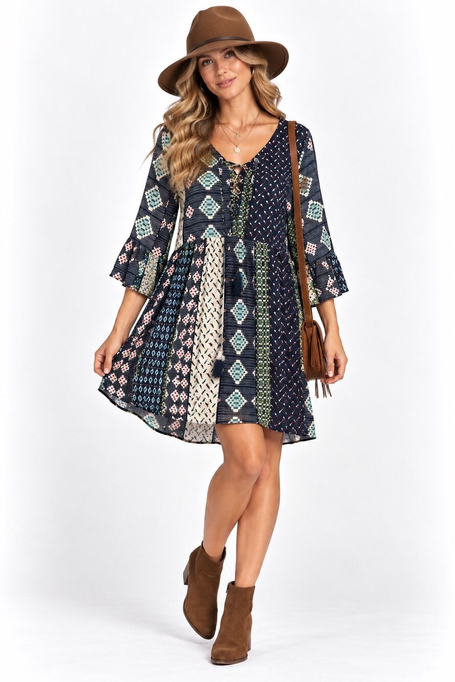 Ganji L.A. Boho Cottage Retro Patchwork 3/4 Sleeve Tie Bodice Baby Doll Dress